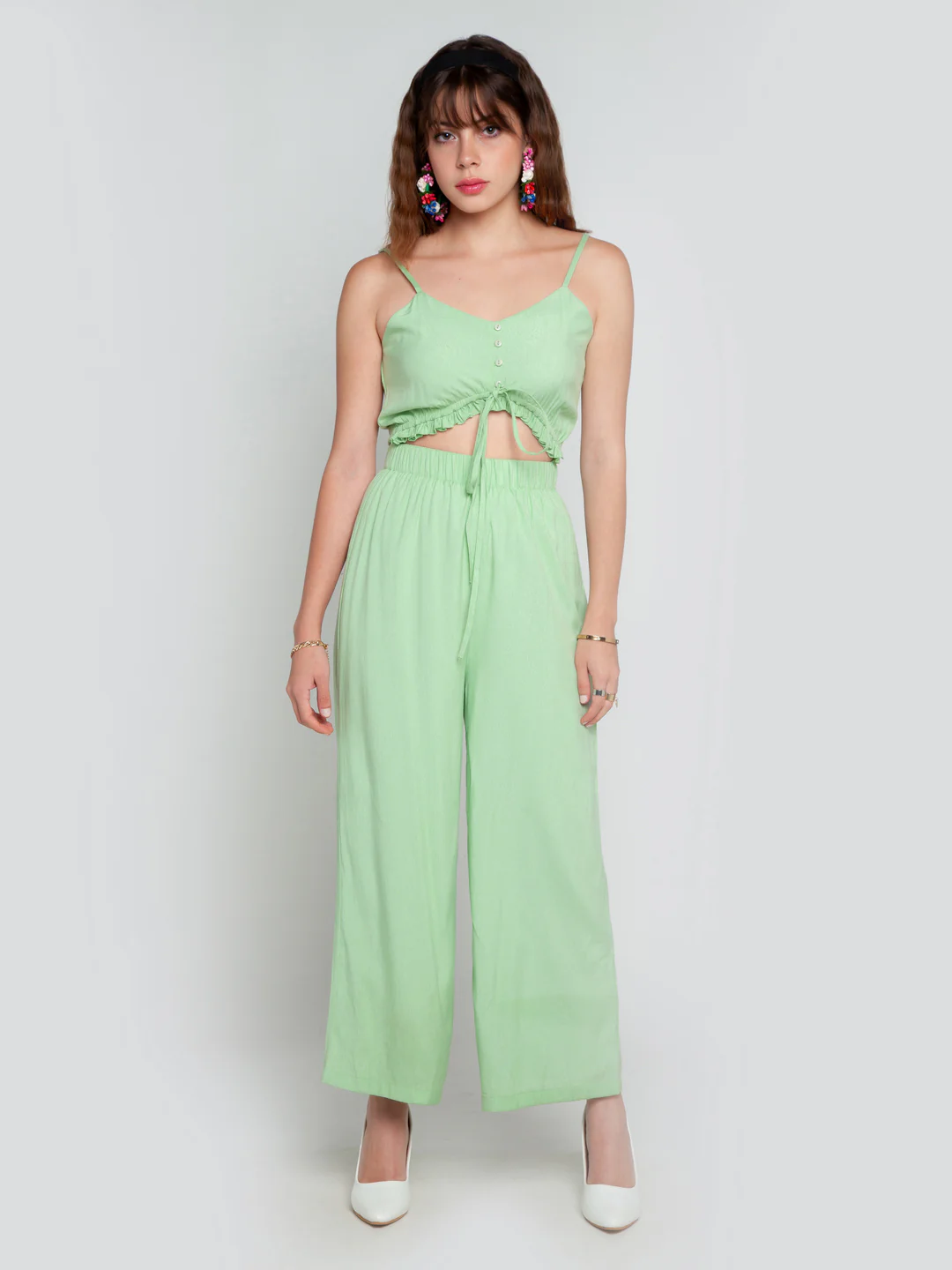 Green Solid Tie-Up Jumpsuit - Image 4