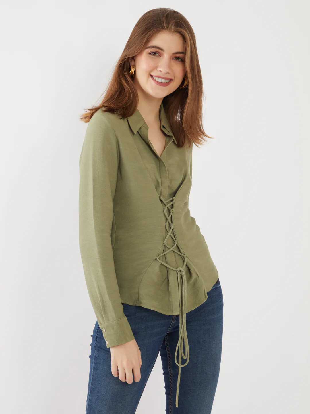 Green Solid Tie-Up Shirt - Image 2