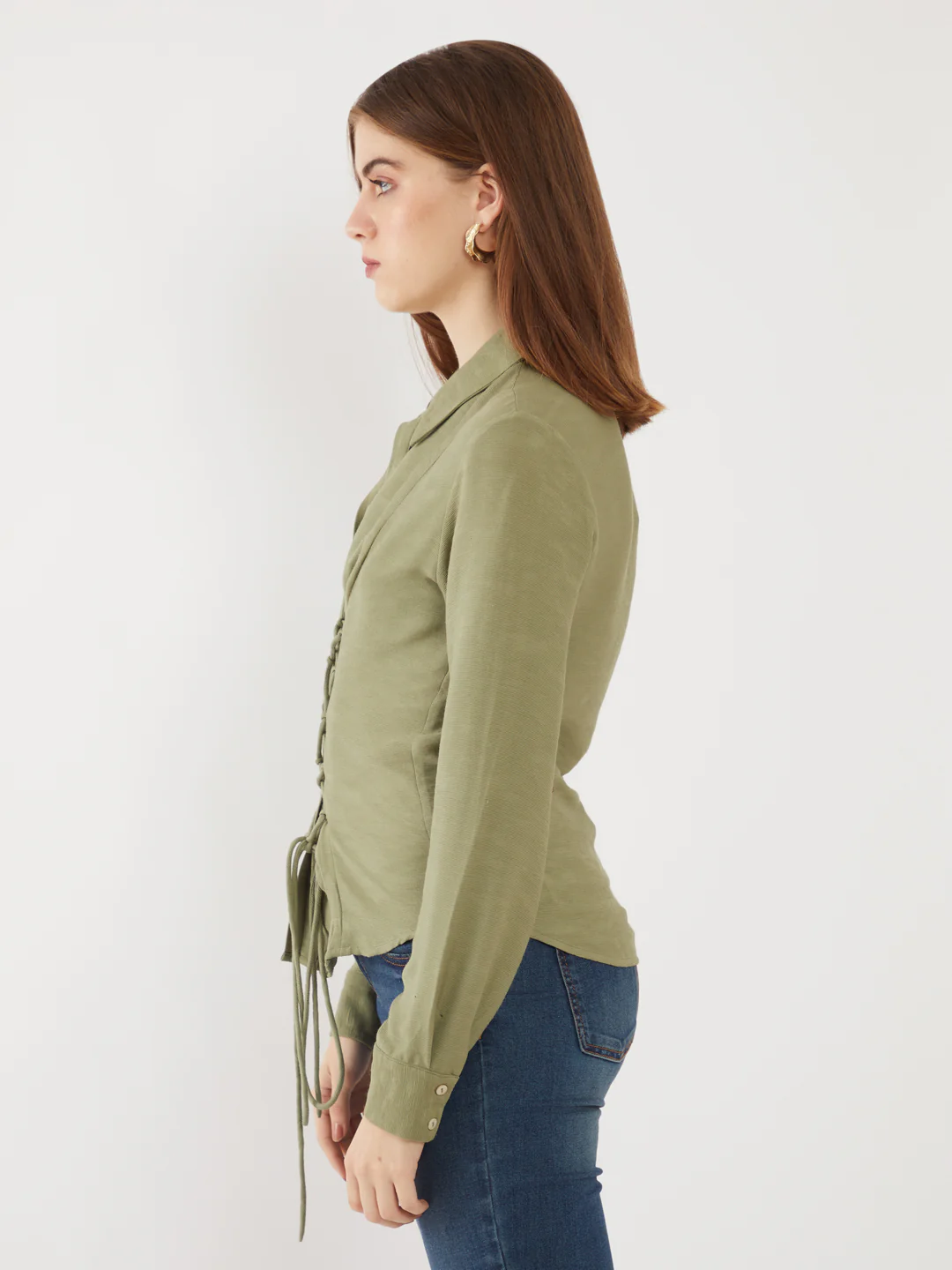 Green Solid Tie-Up Shirt - Image 3