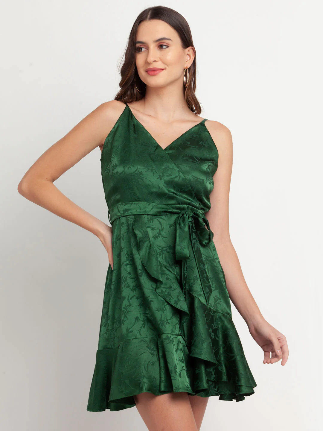 Green Solid Wrap Dress - Image 2