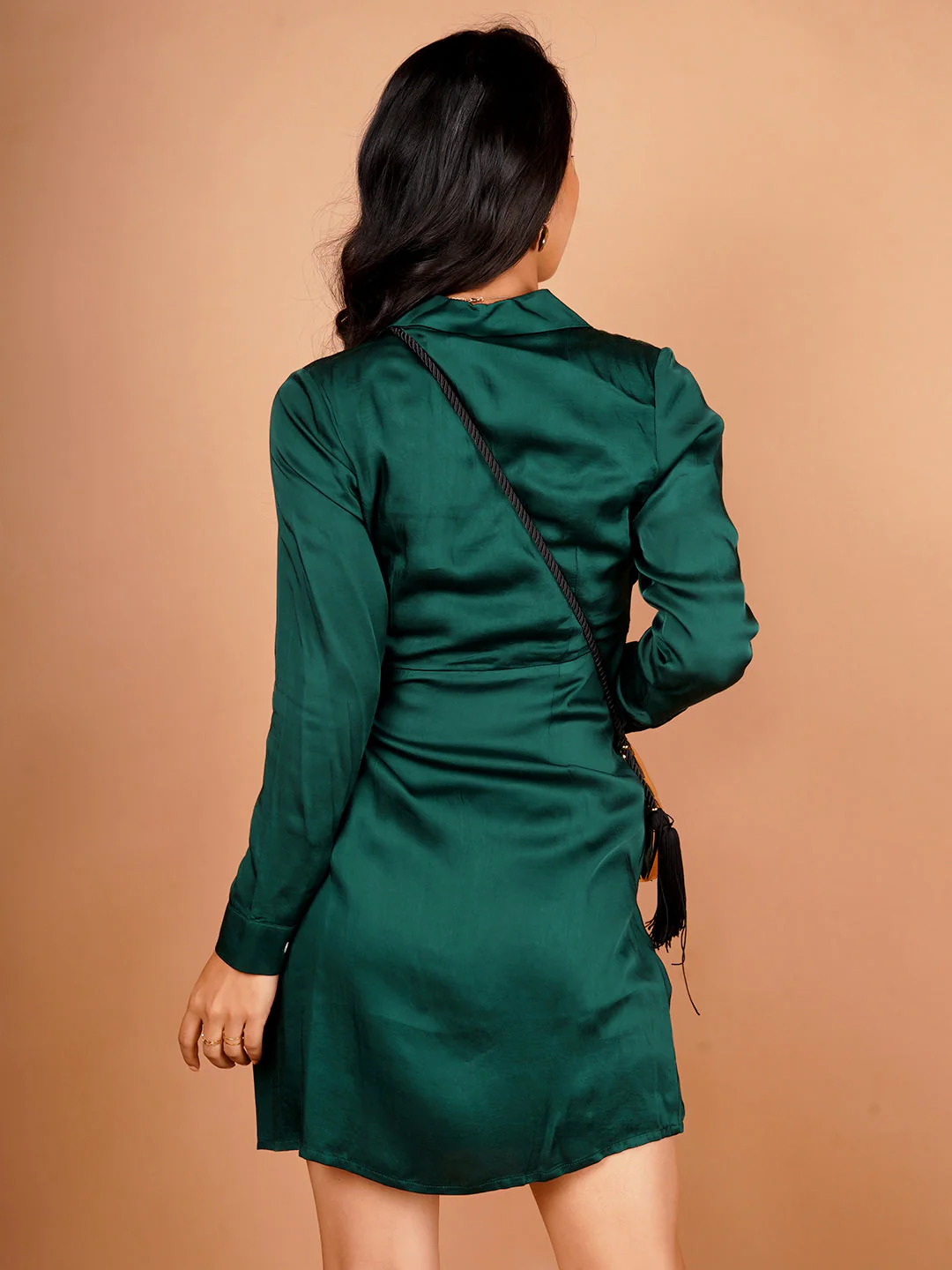 Women's Green Solid Wrap Mini Dress - Image 4