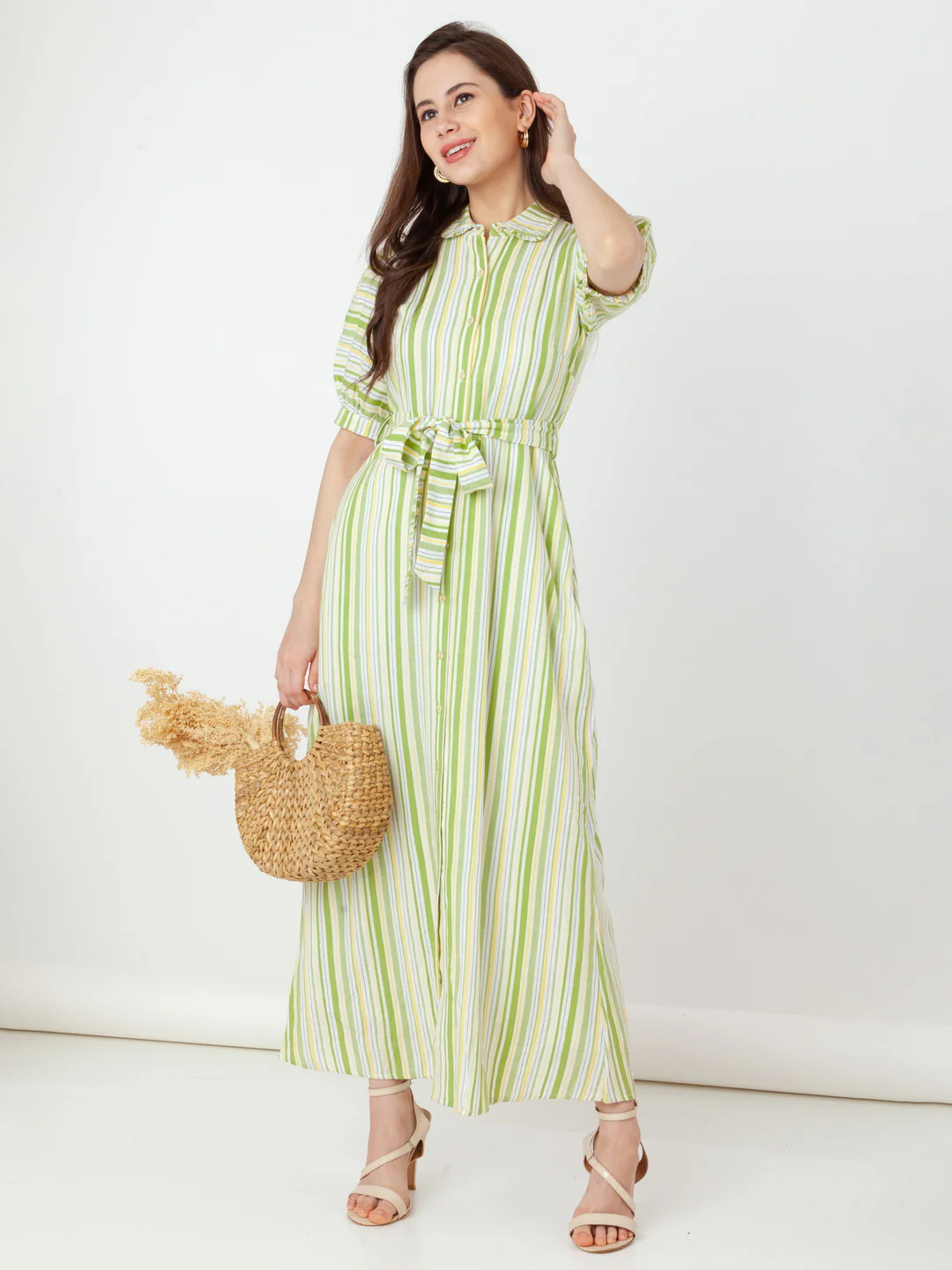 Green Striped Shirt-Style Maxi Dress