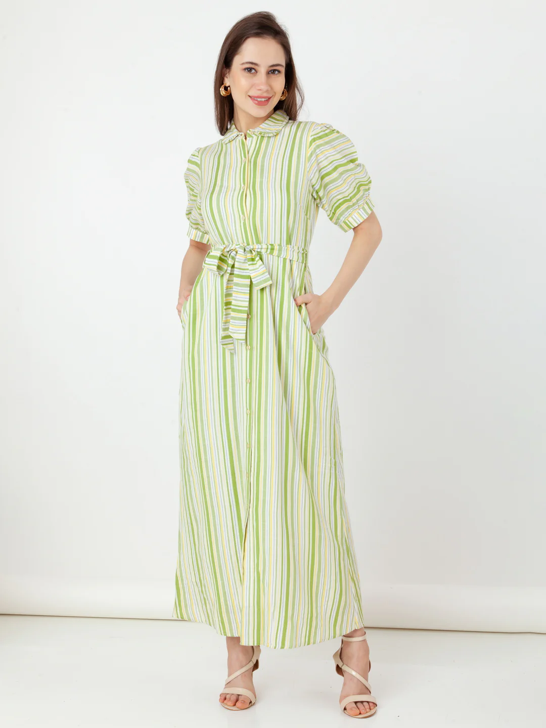 Green Striped Shirt-Style Maxi Dress - Image 2