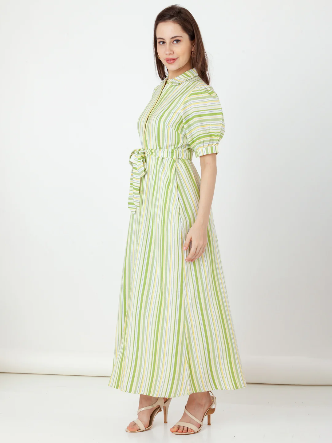 Green Striped Shirt-Style Maxi Dress - Image 3