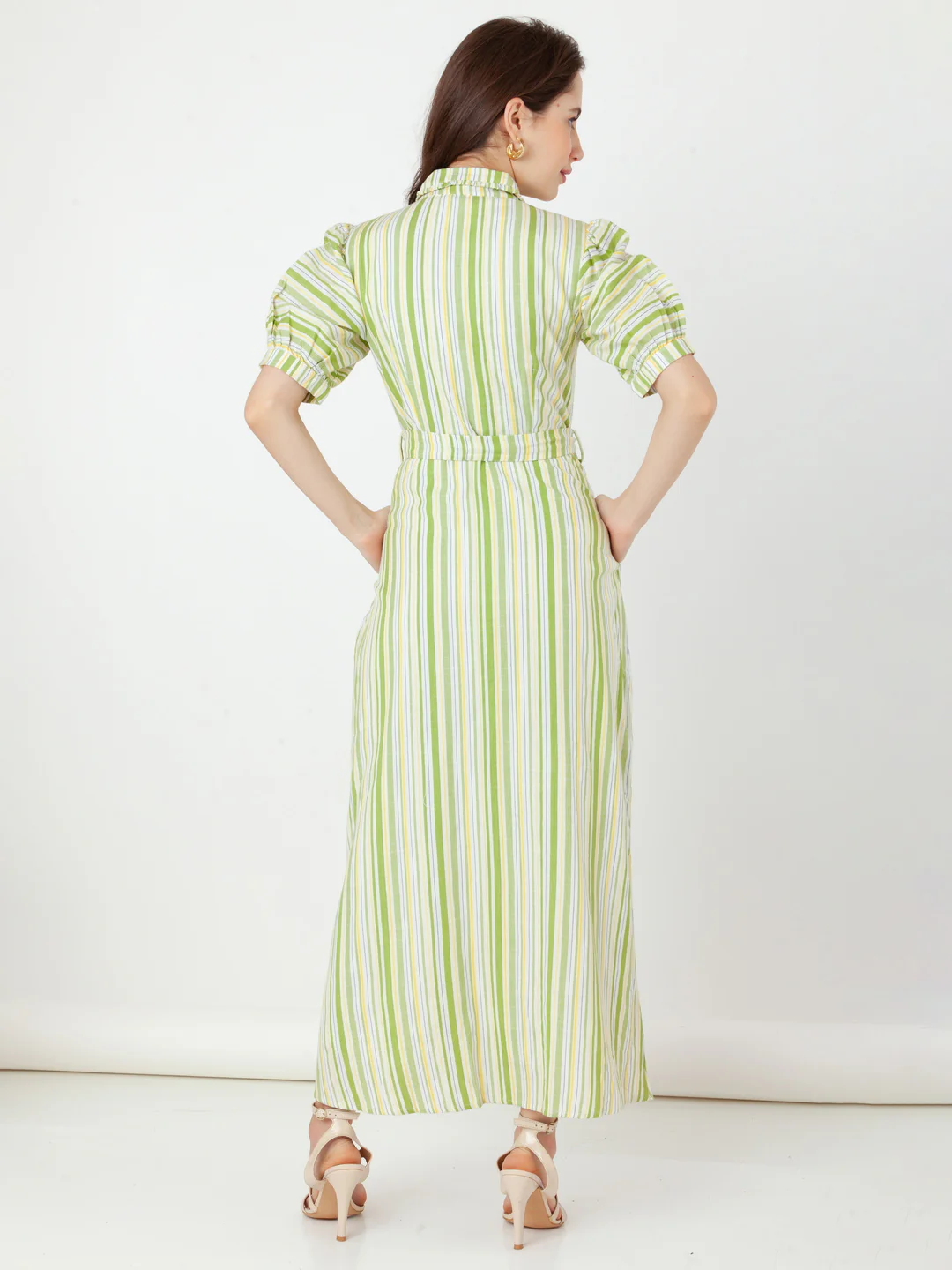 Green Striped Shirt-Style Maxi Dress - Image 4