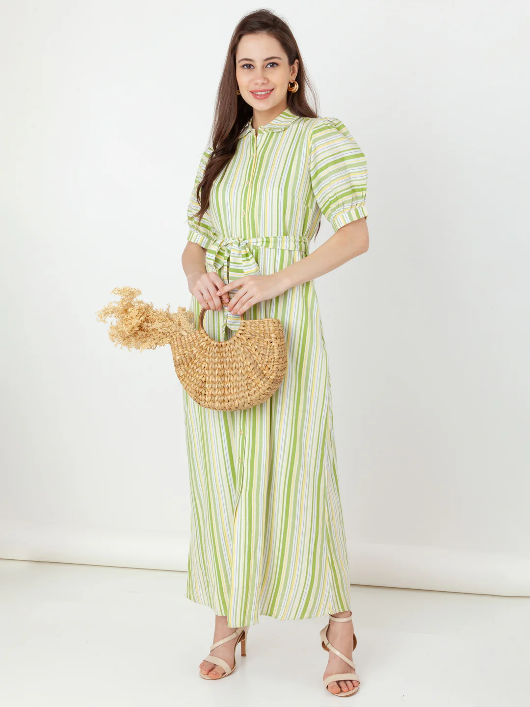 Green Striped Shirt-Style Maxi Dress - Image 5