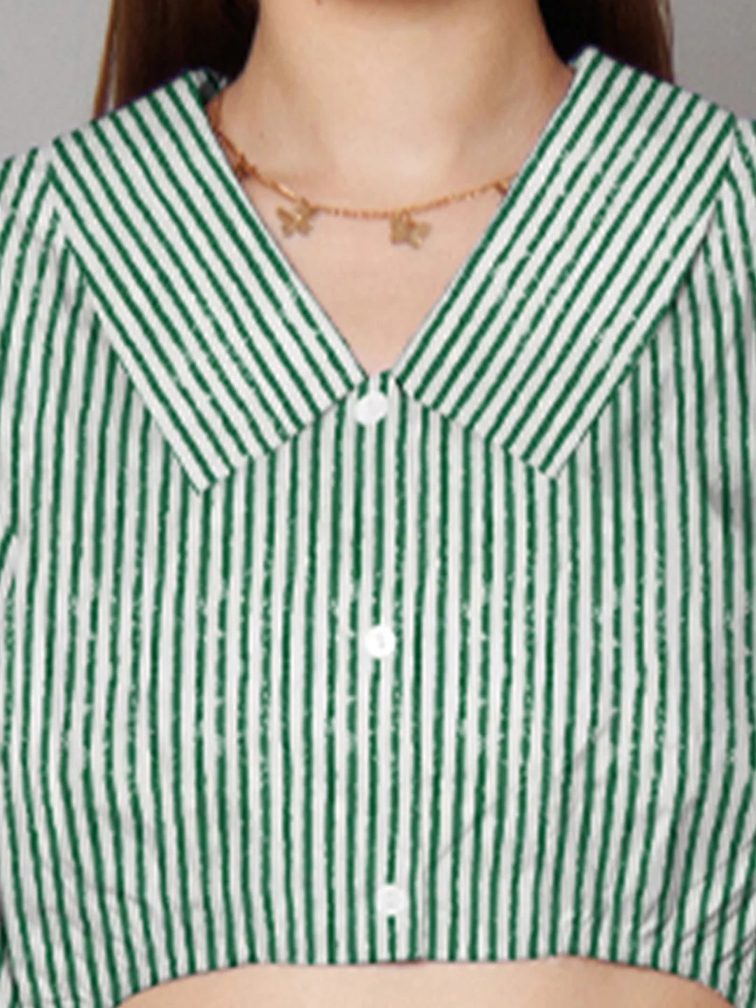 Green Stripes Relaxed Fit Crop Shirt - Image 2