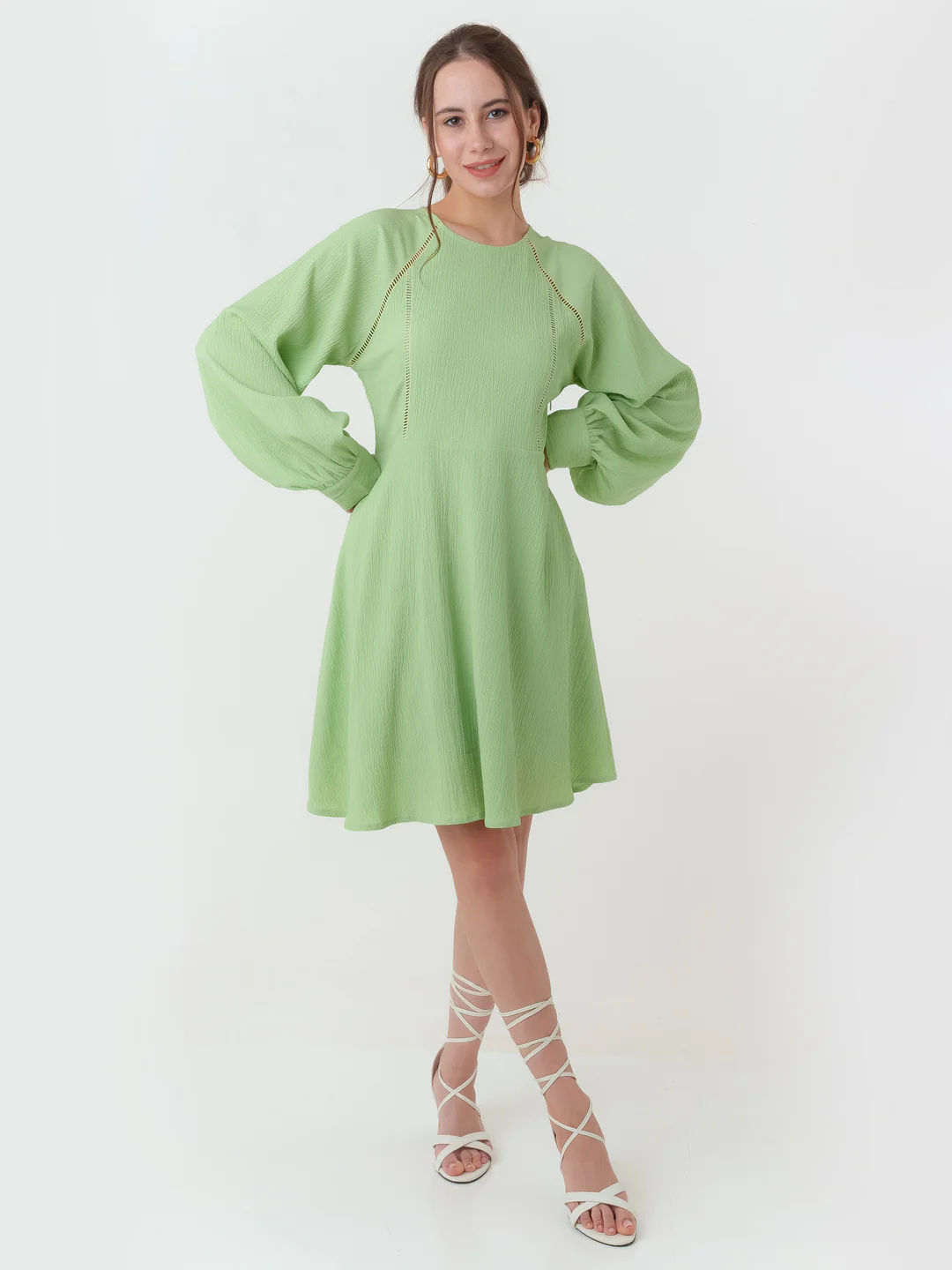 Green Textured Regular Short Dress