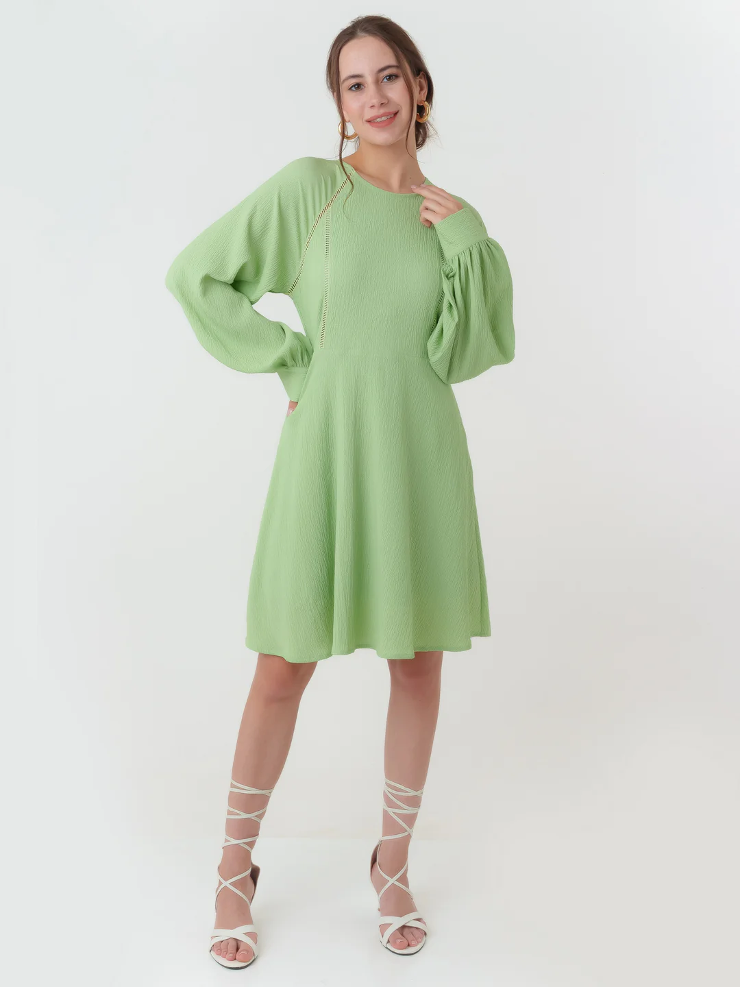Green Textured Regular Short Dress - Image 5