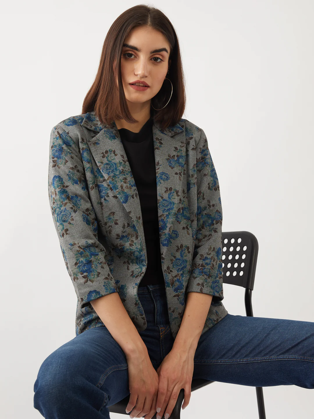 Grey Floral Print Blazer - Image 2