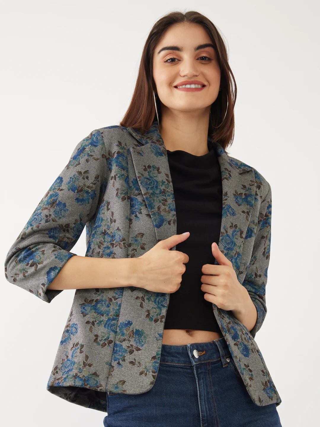 Grey Floral Print Blazer - Image 3