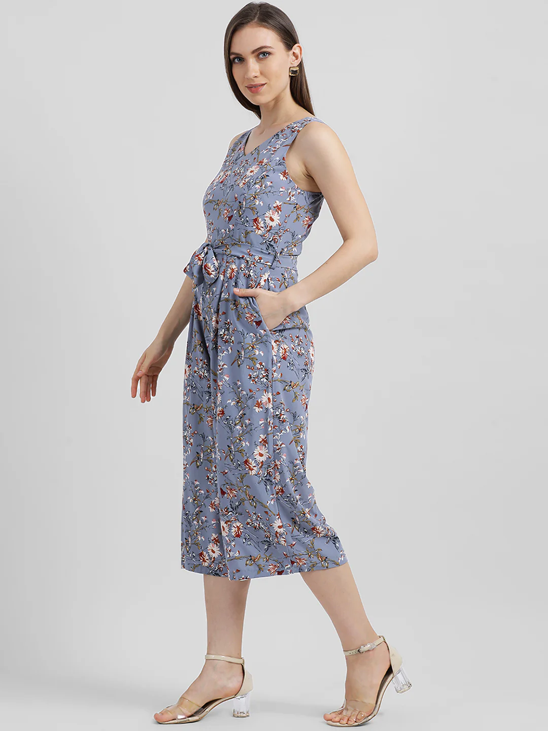 Grey Floral Printed Regular Dress - Image 2