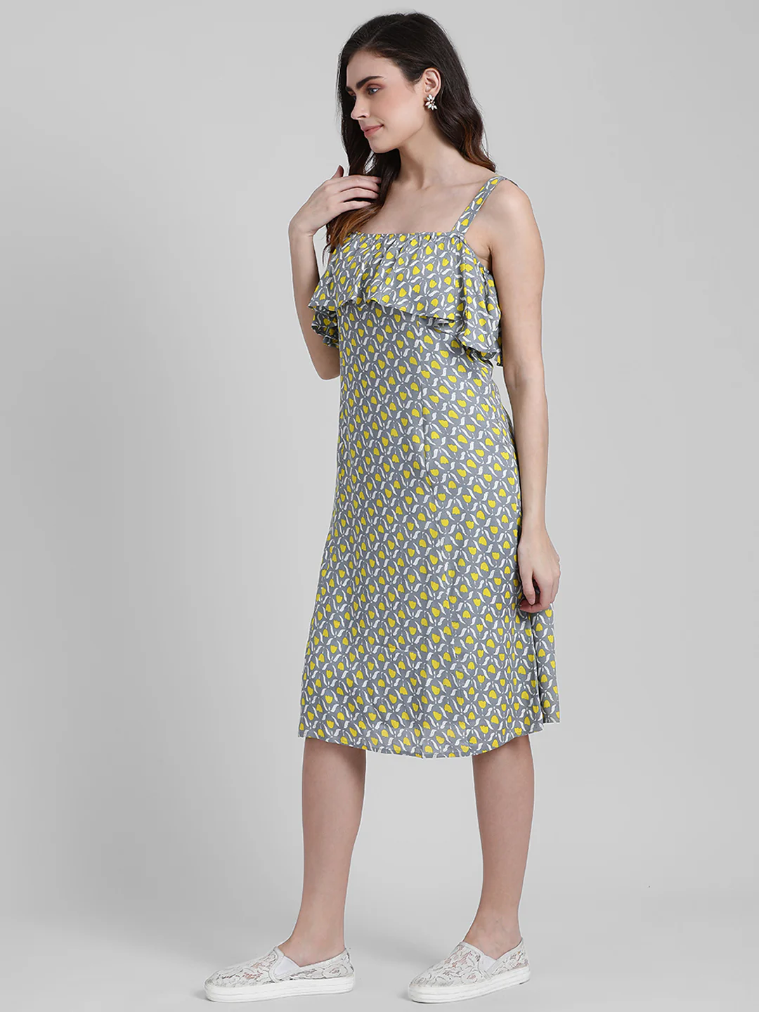 Grey Printed A-Line Dress - Image 2