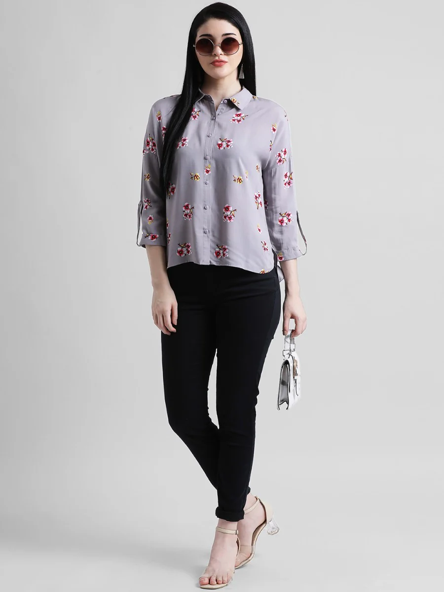 Grey Printed Shirt Style Top - Image 6