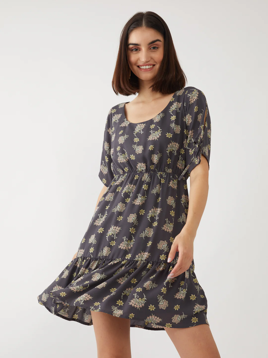 Grey Printed Tie-Up Short Dress - Image 2