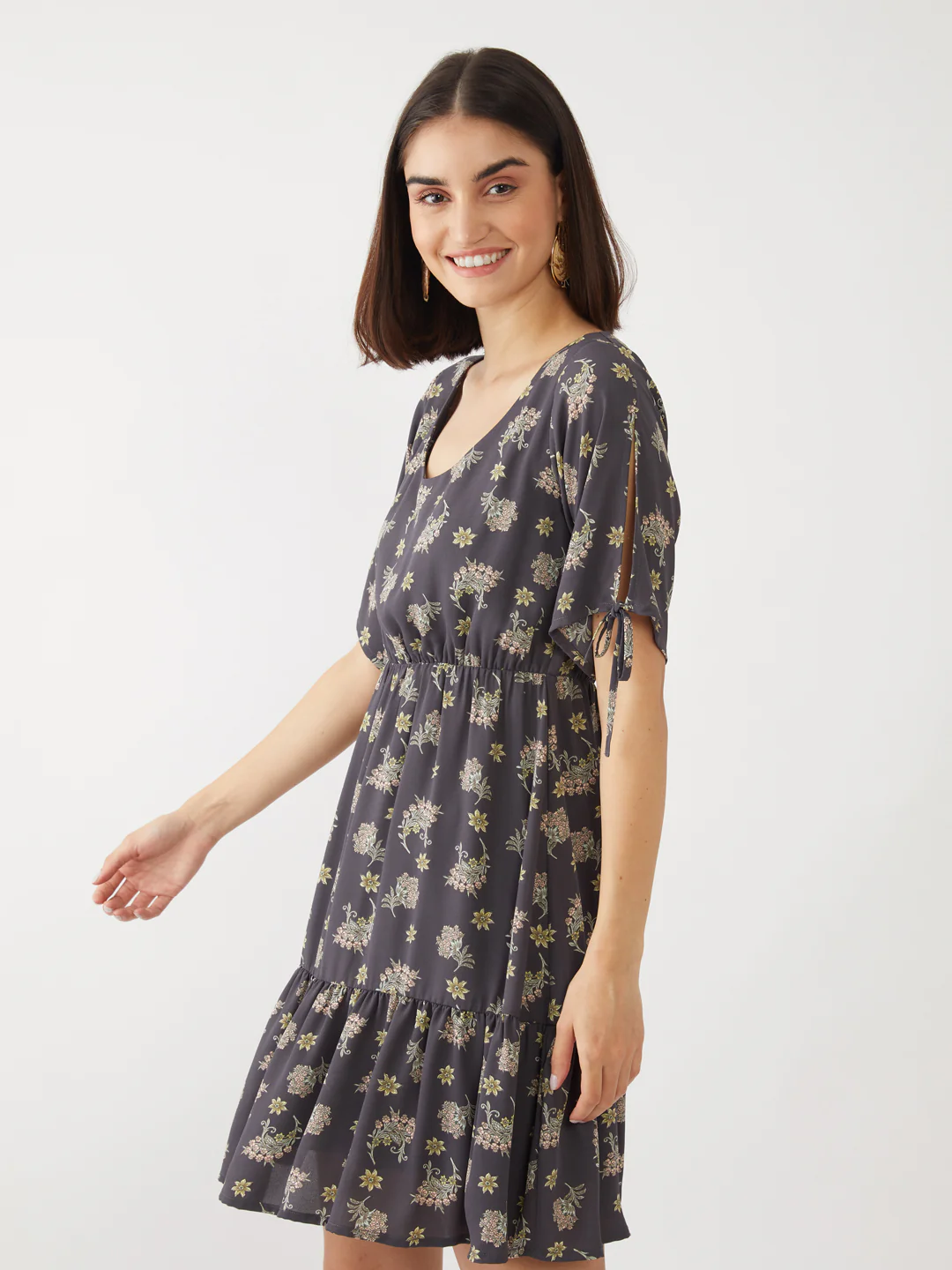 Grey Printed Tie-Up Short Dress - Image 3