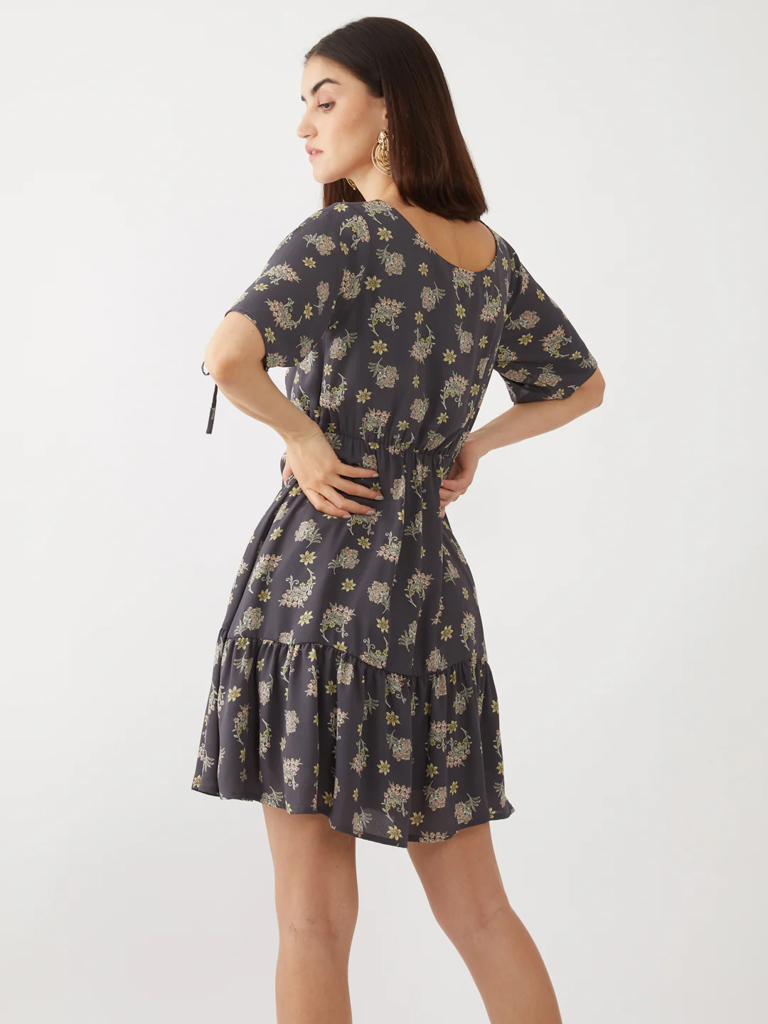 Grey Printed Tie-Up Short Dress - Image 4