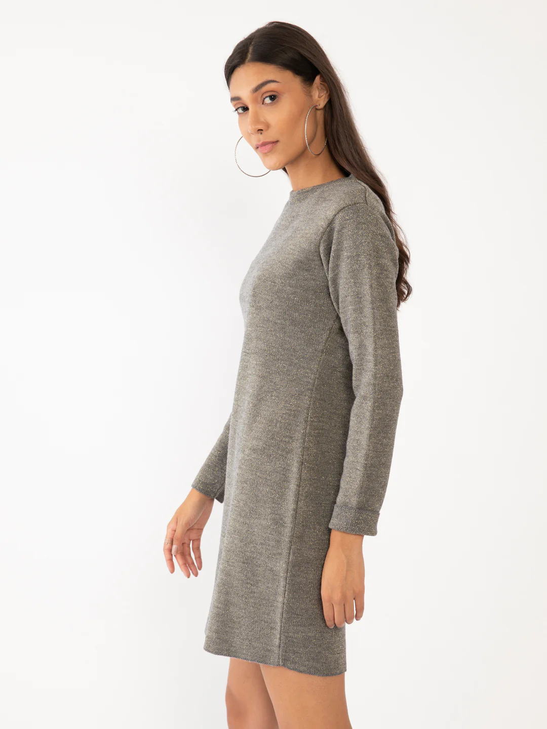 Grey Shimmer Fitted Short Dress - Image 3