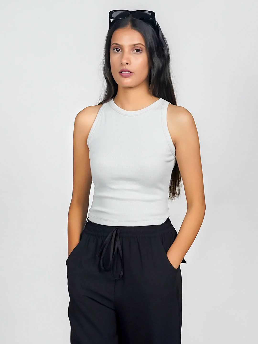 Grey Solid Basic Crop Top - Image 2