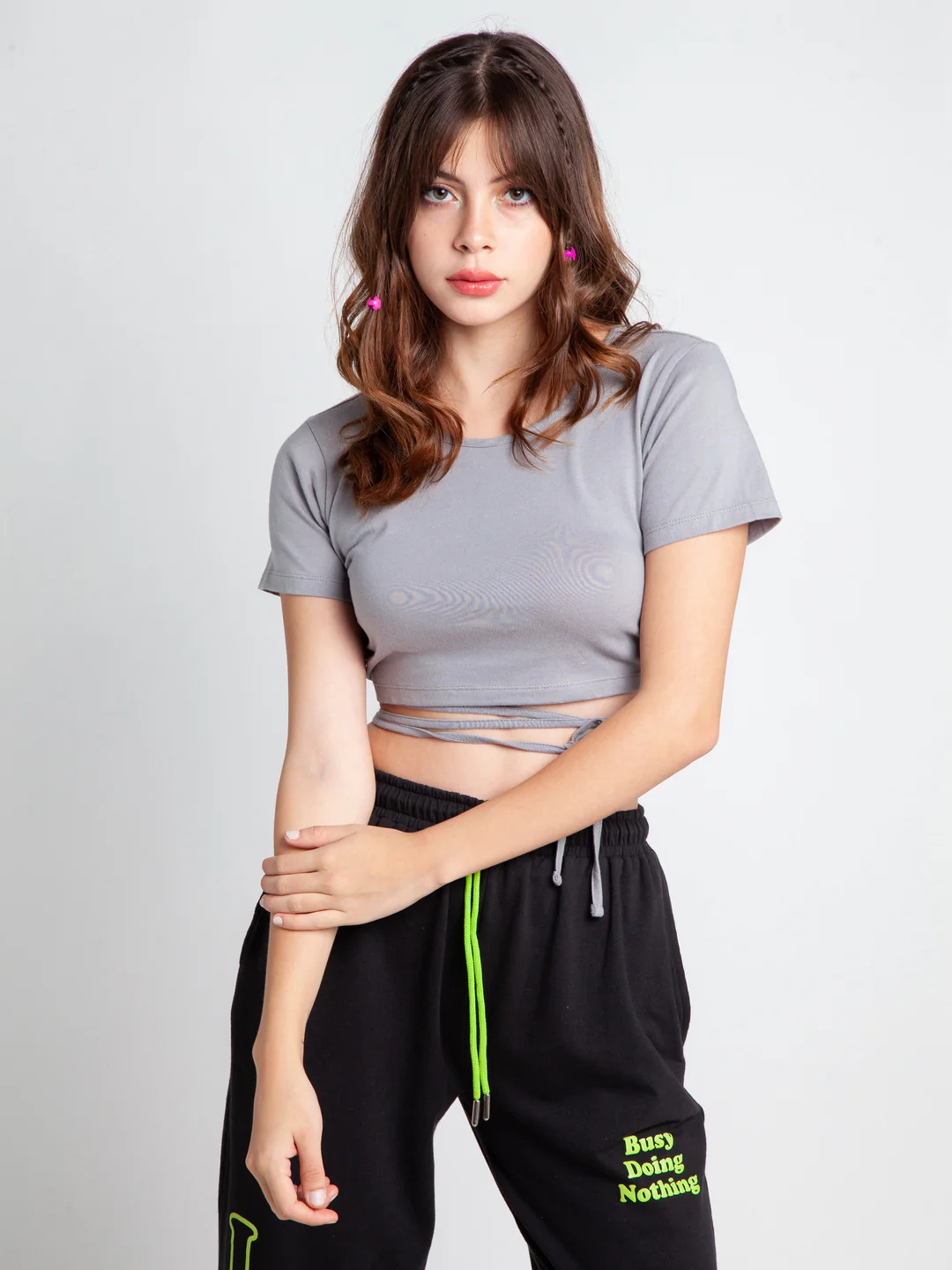 Grey Solid Crop Crop Top - Image 3