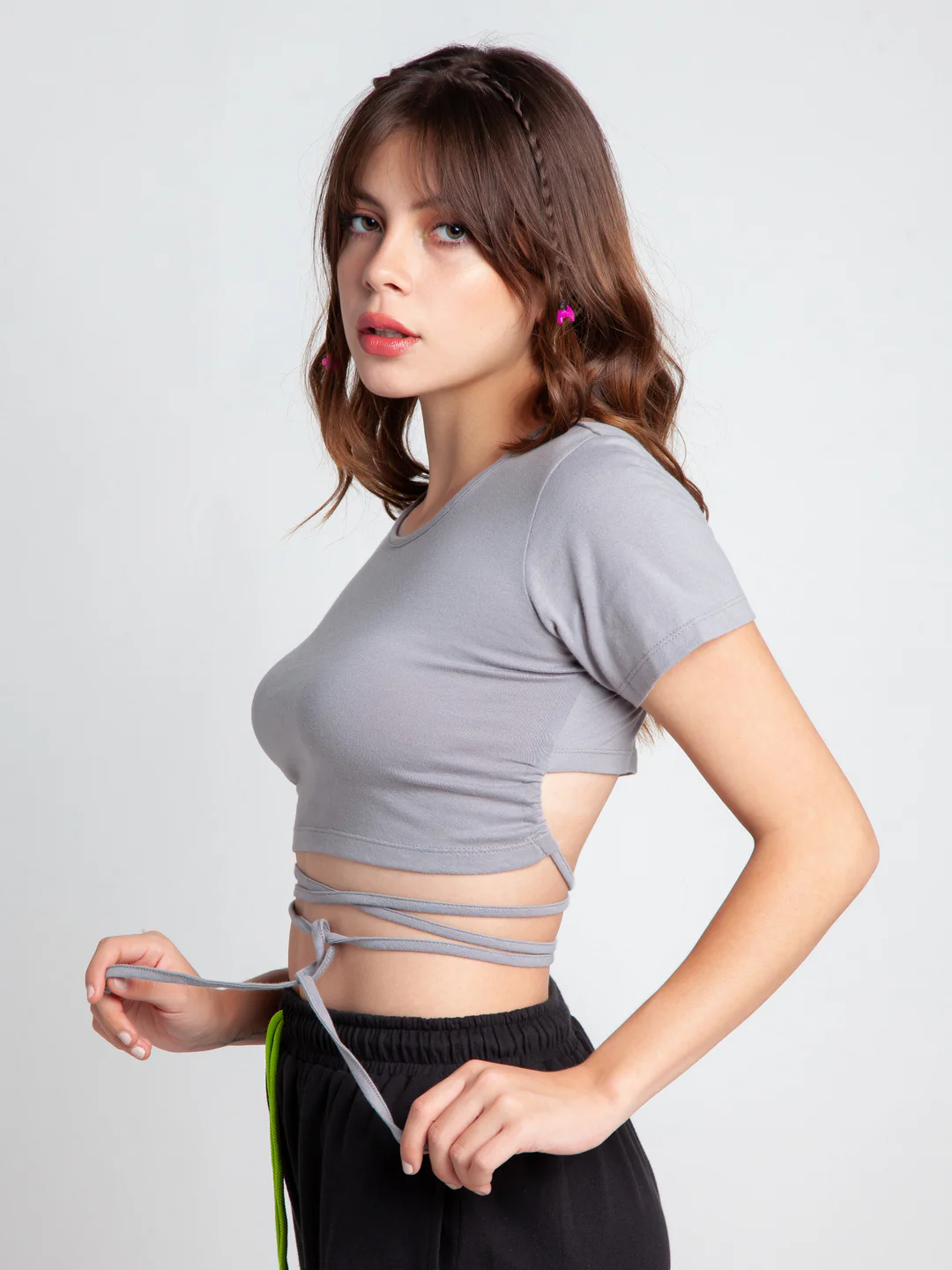 Grey Solid Crop Crop Top - Image 4