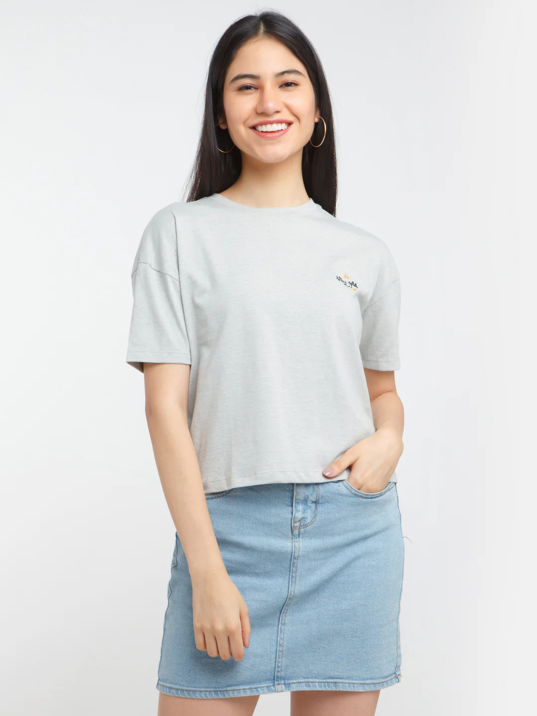 Grey Solid Crop T-Shirt - Image 2