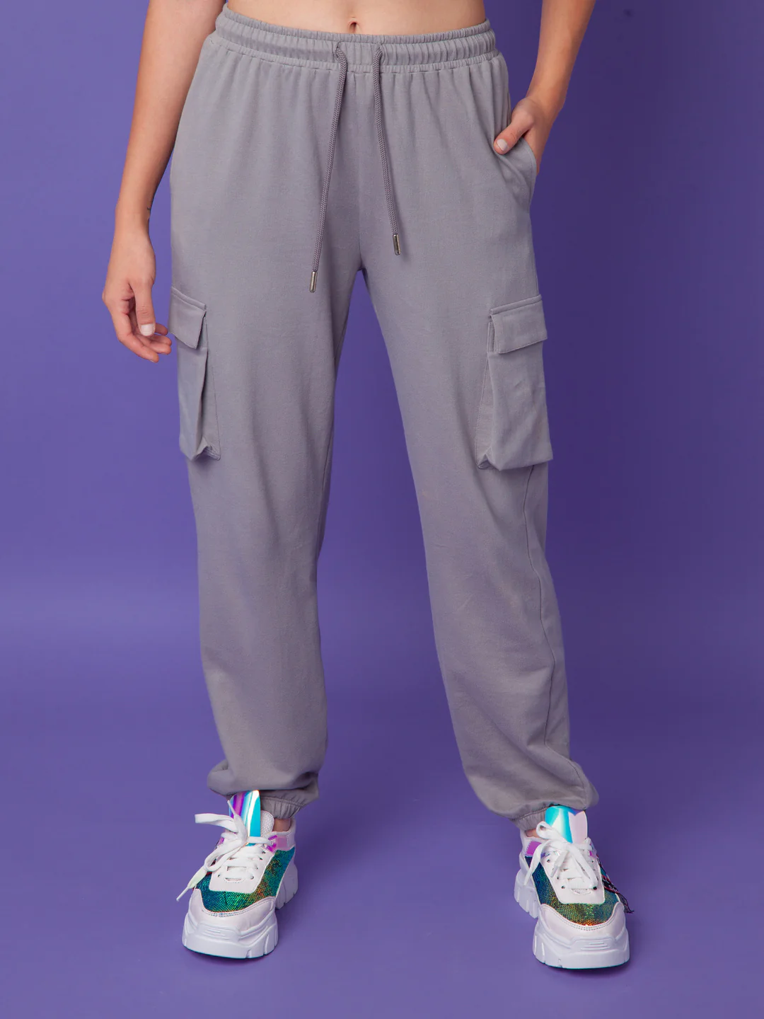 Grey Solid Elasticated Joggers - Image 2