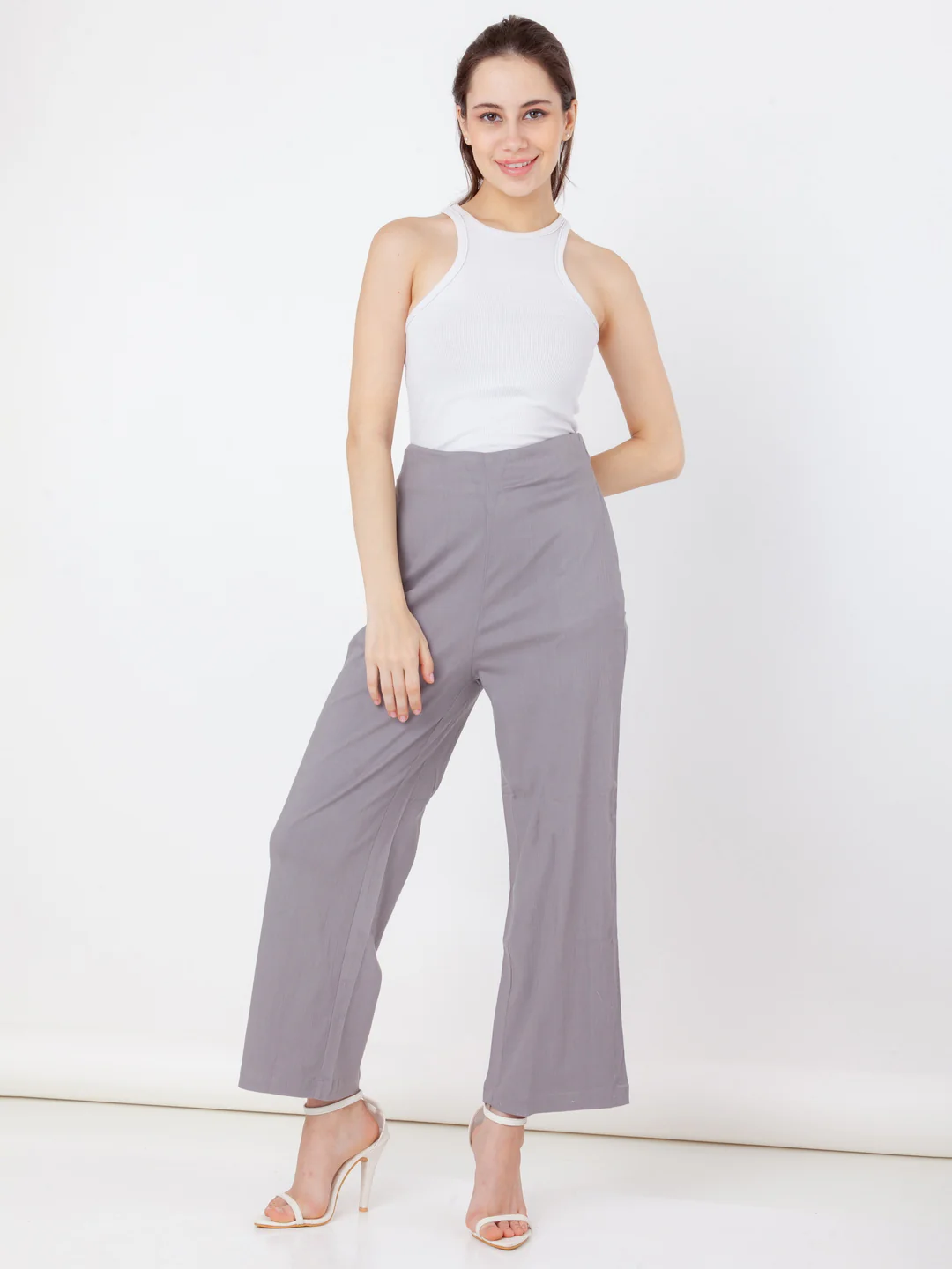 Grey Solid Flared Trouser - Image 5