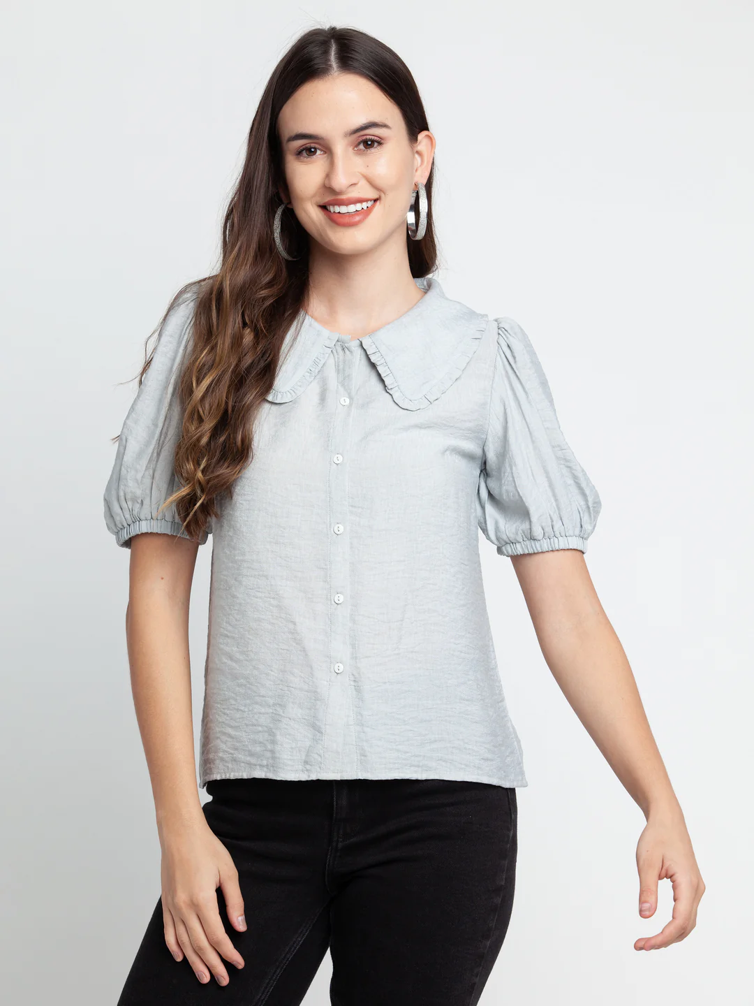 Grey Solid Pleated Shirt - Image 2