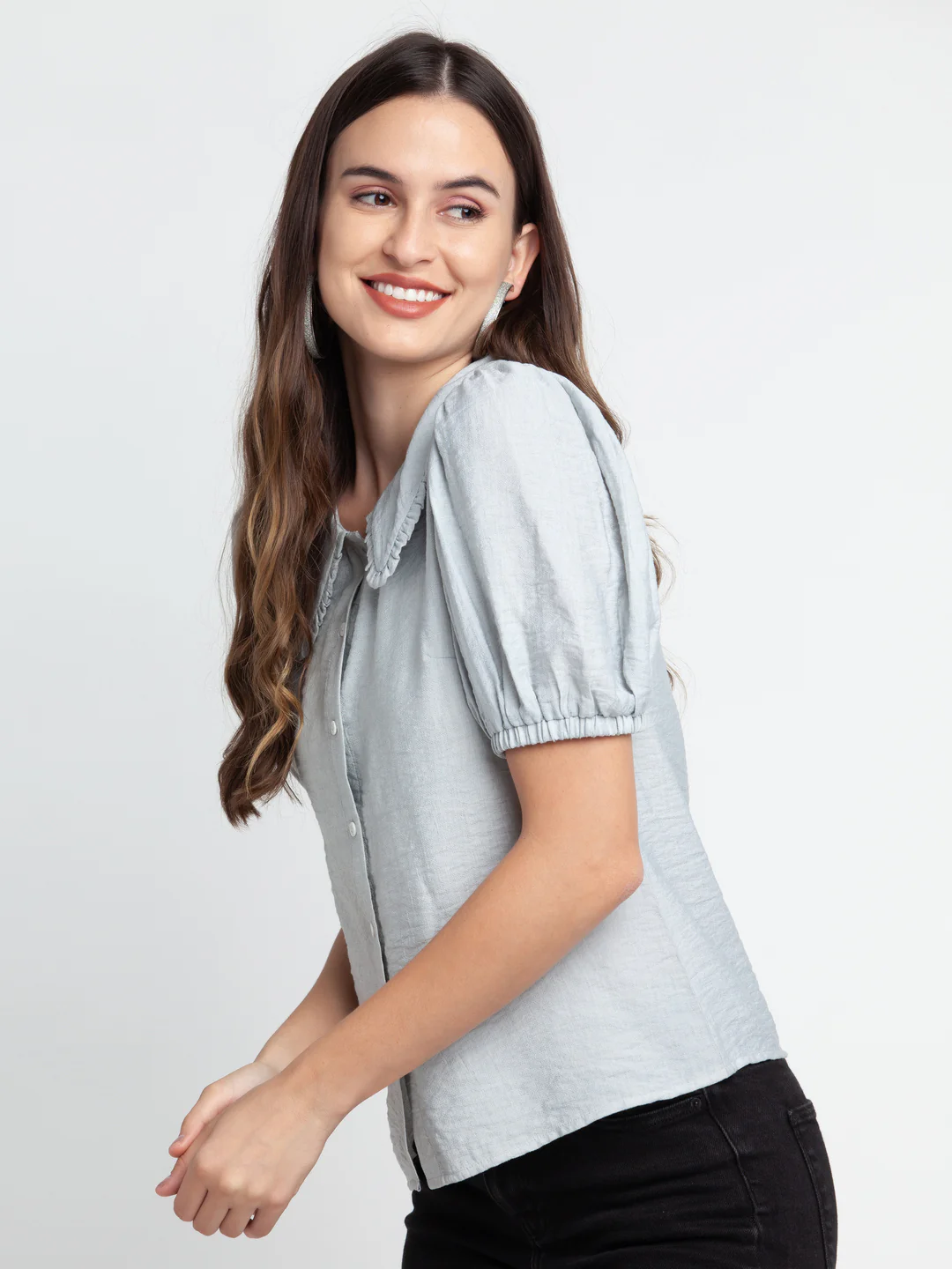 Grey Solid Pleated Shirt - Image 3