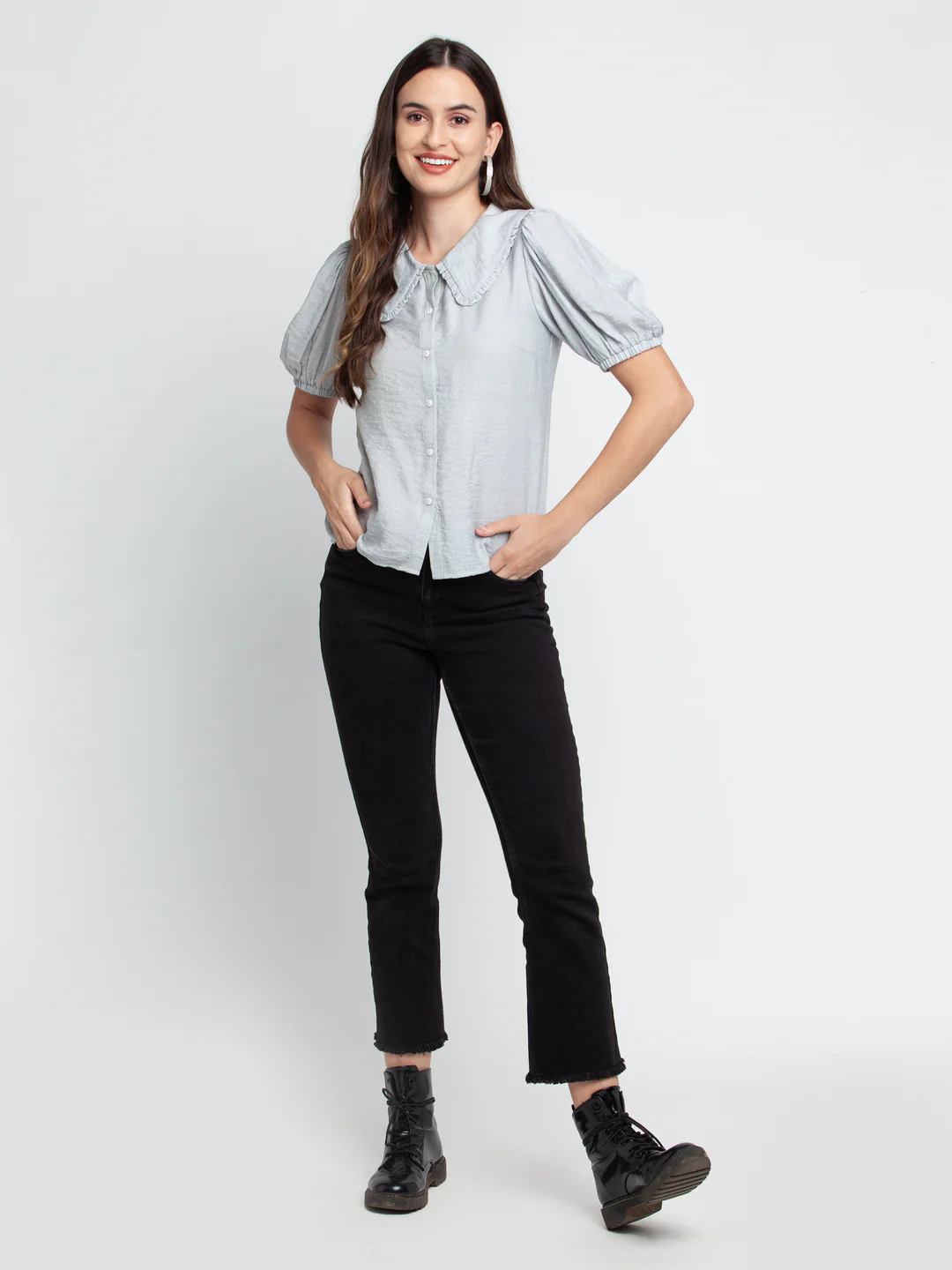 Grey Solid Pleated Shirt - Image 5