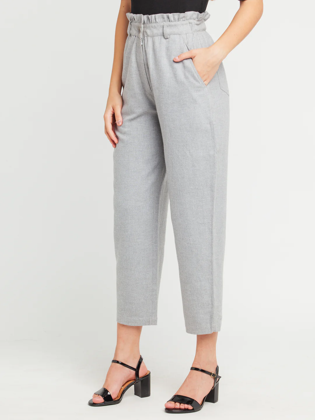 Grey Solid Ruffled Trouser - Image 3