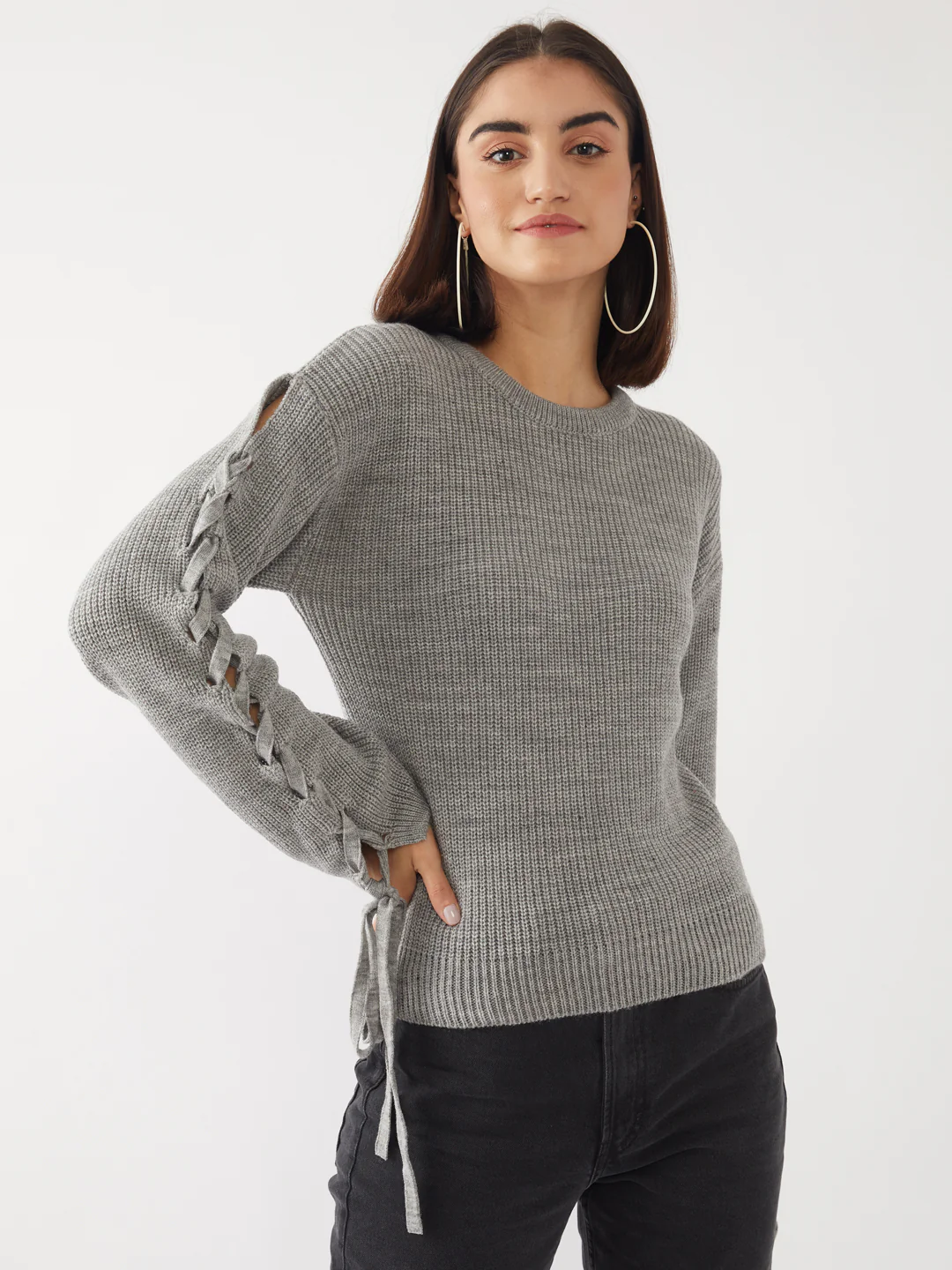 Grey Solid Tie-Up Sweater - Image 2