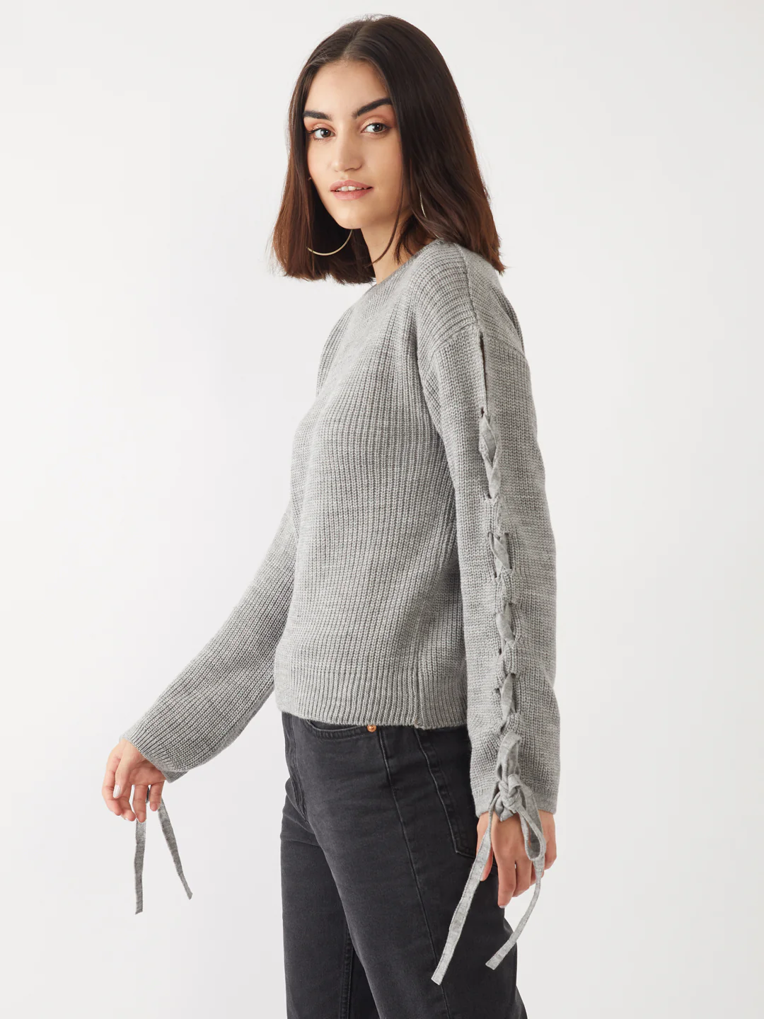 Grey Solid Tie-Up Sweater - Image 3