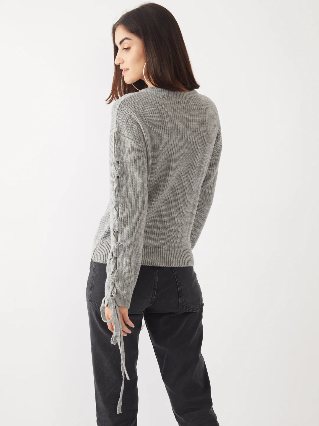 Grey Solid Tie-Up Sweater - Image 4