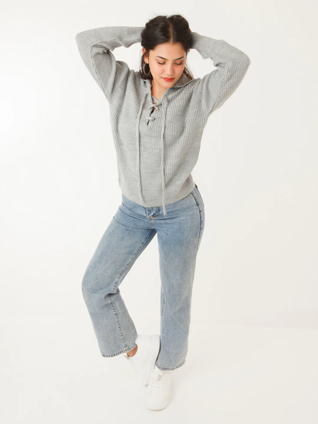 Grey Solid Tie-Up Sweater