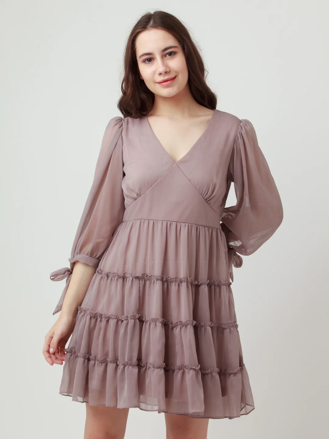 Grey Solid Tiered Short Dress - Image 2