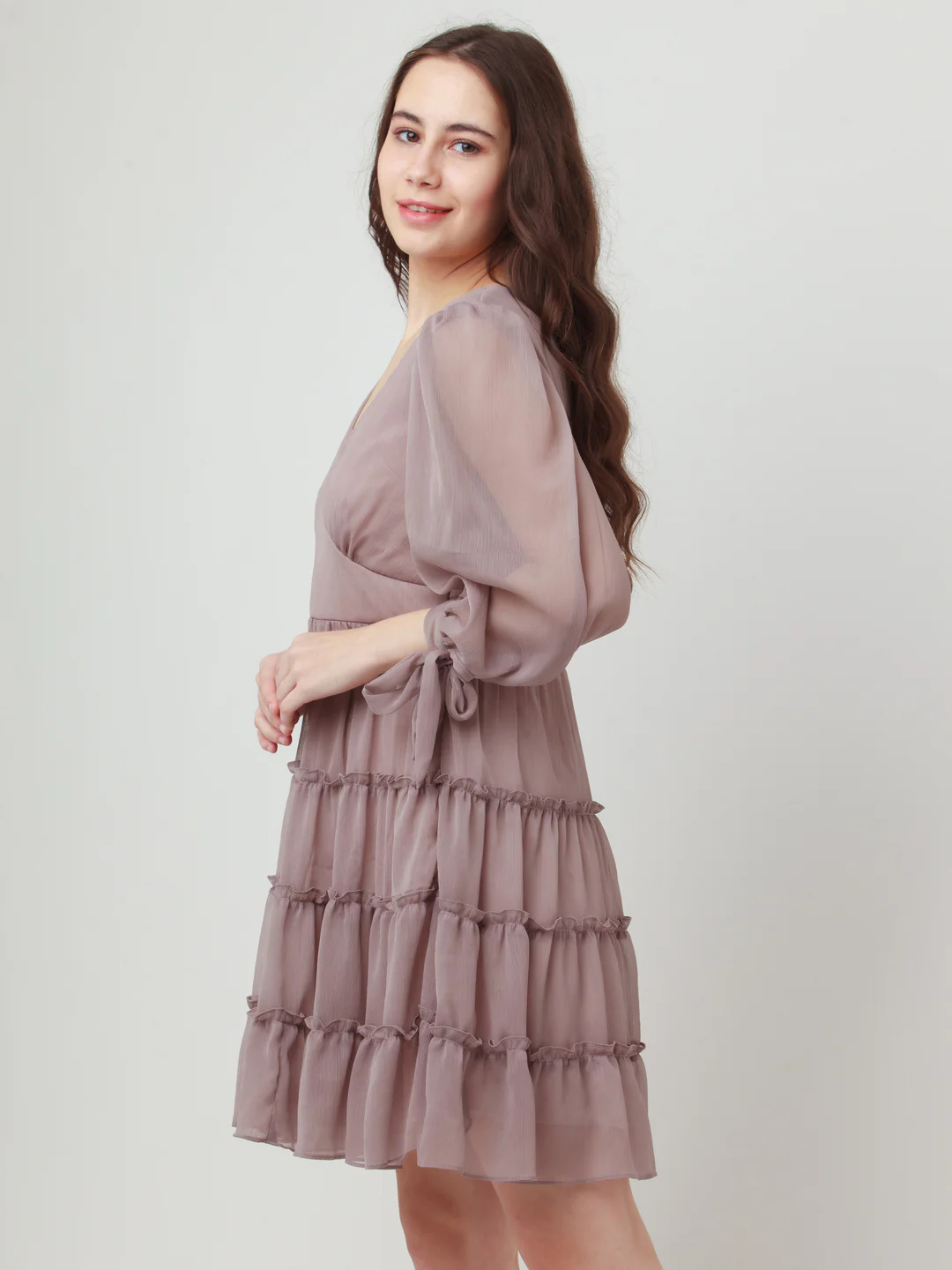 Grey Solid Tiered Short Dress - Image 3