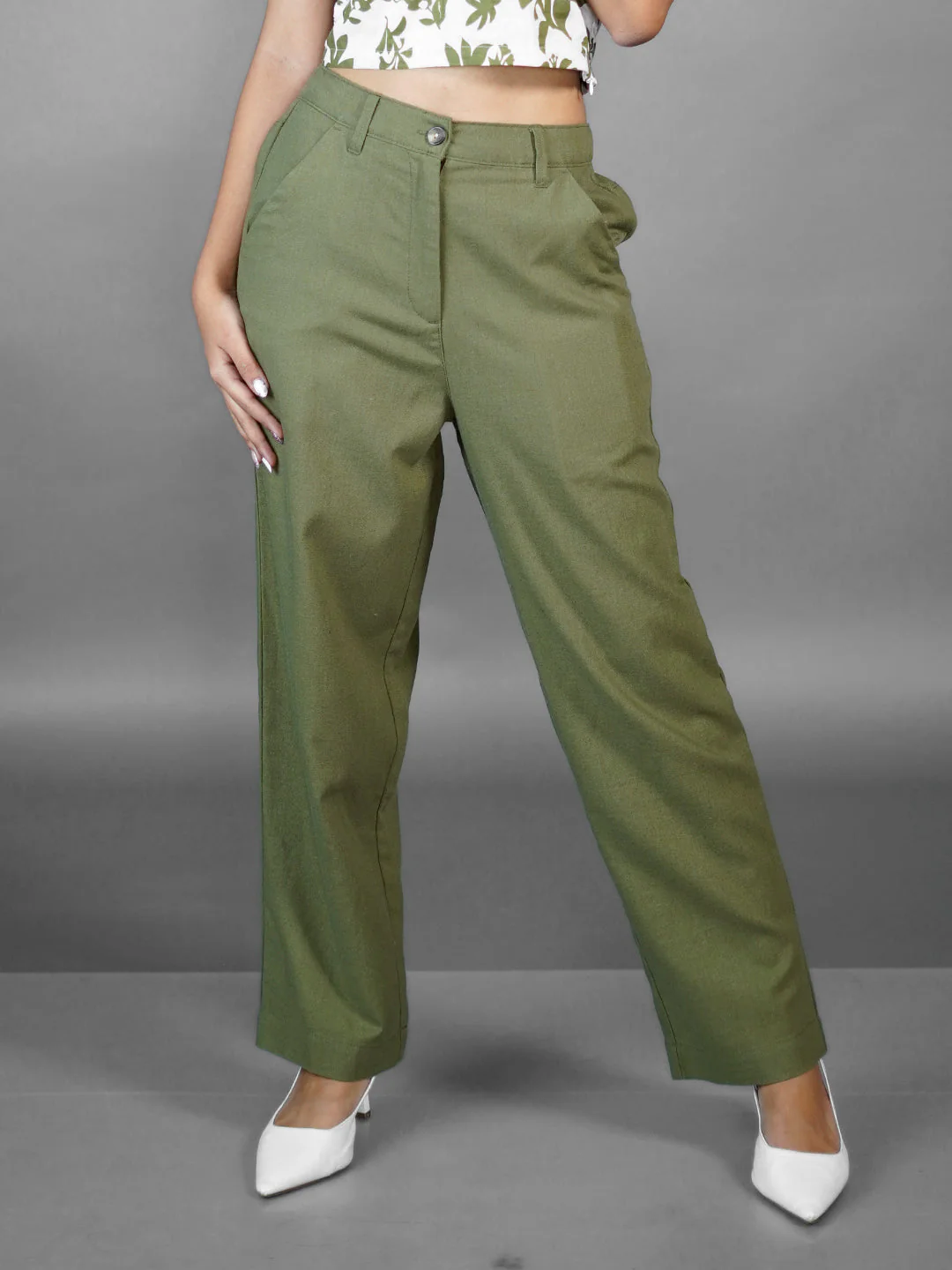 Olive Solid High Waist Trouser - Image 2