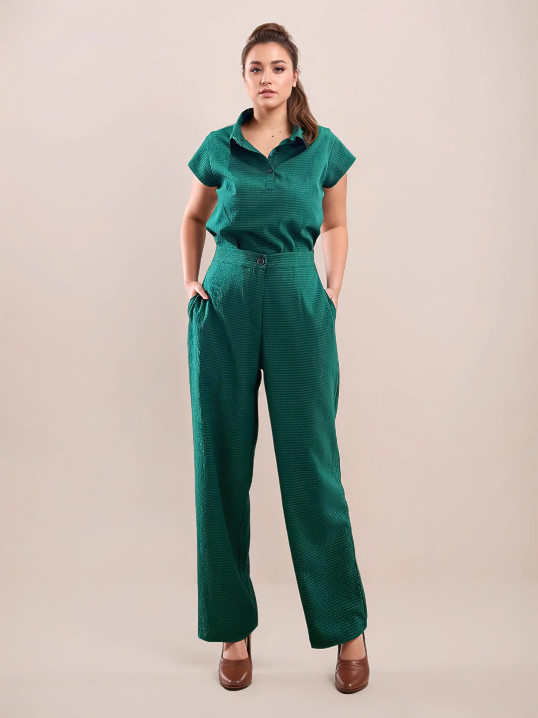 Green Textured Full Length Trouser