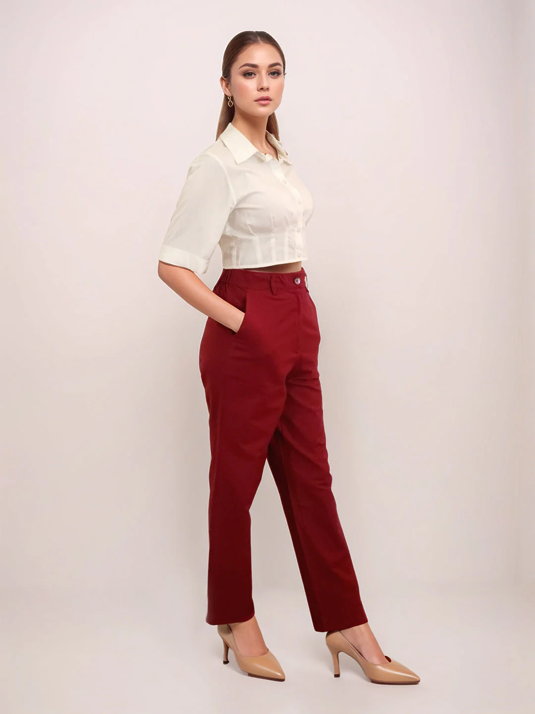 Zink London Women's Maroon Solid Trouser - Image 5