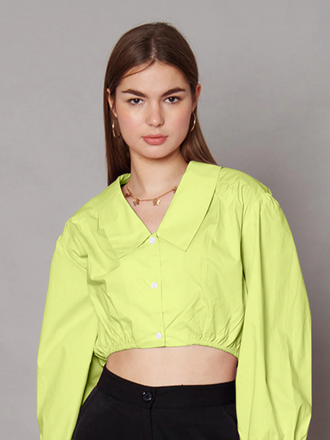 Lime Green Solid Relaxed Fit Crop Shirt - Image 3