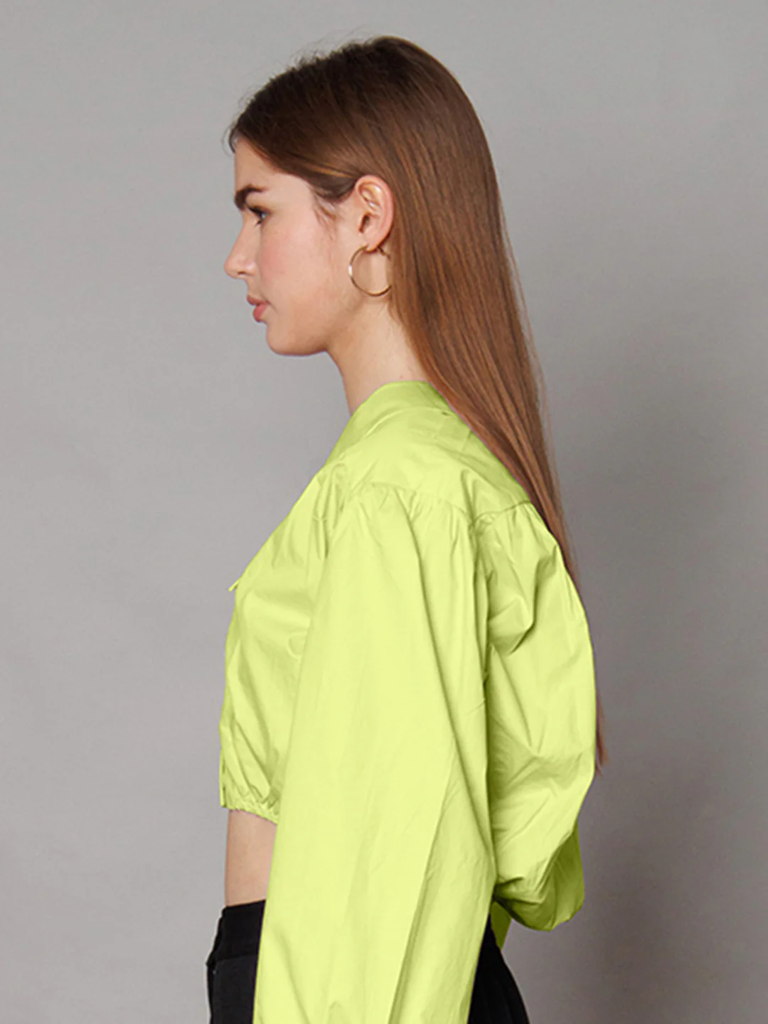 Lime Green Solid Relaxed Fit Crop Shirt - Image 4