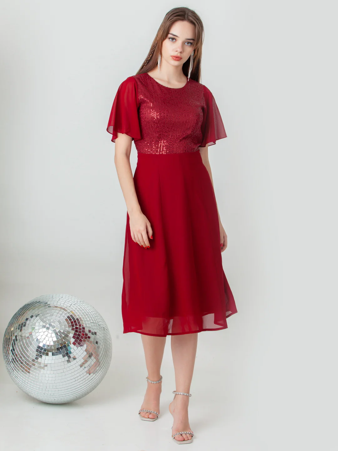 Maroon Embellished Flared Midi Dress