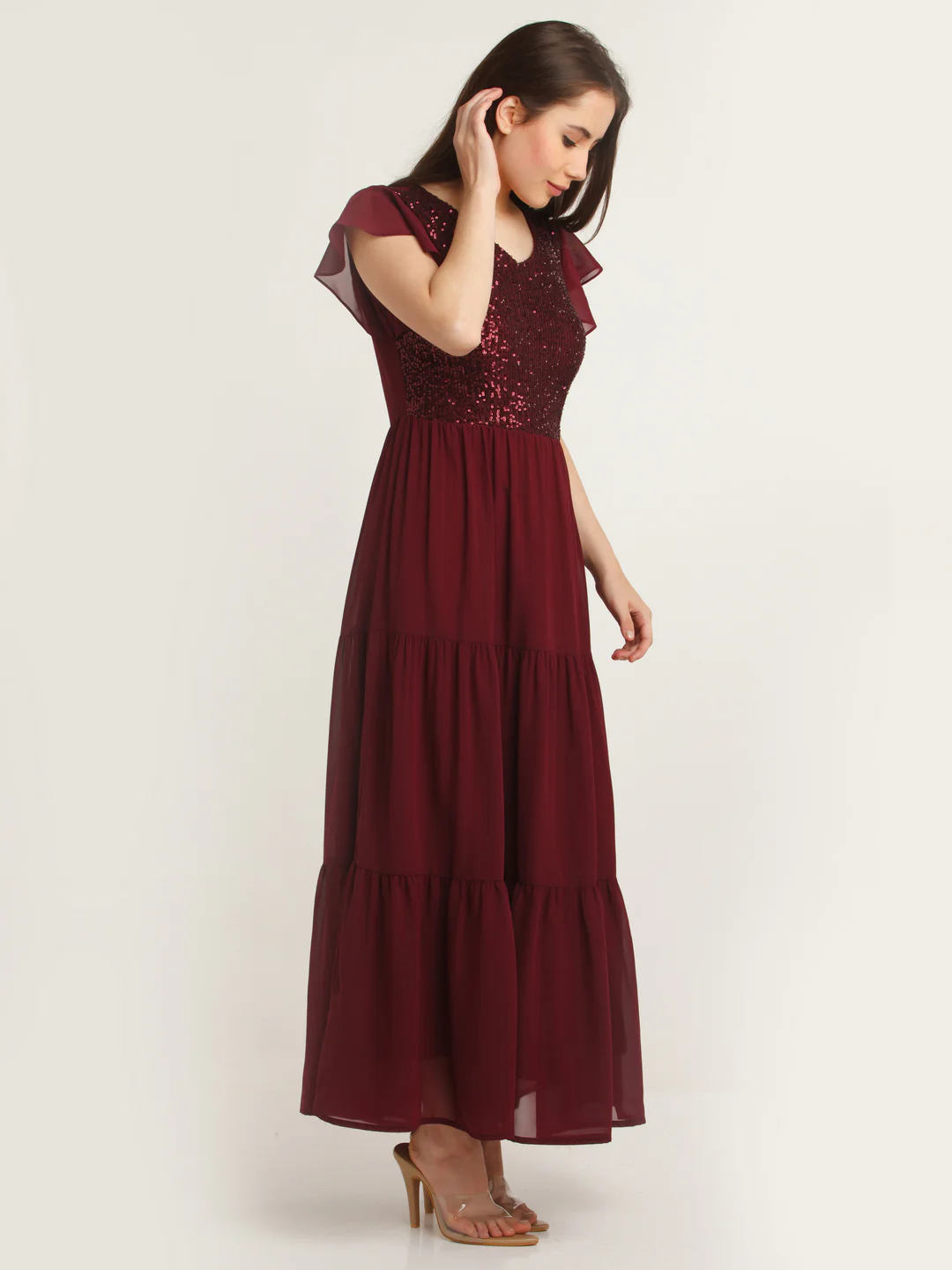 Maroon Embellished Tiered Maxi Dress - Image 3