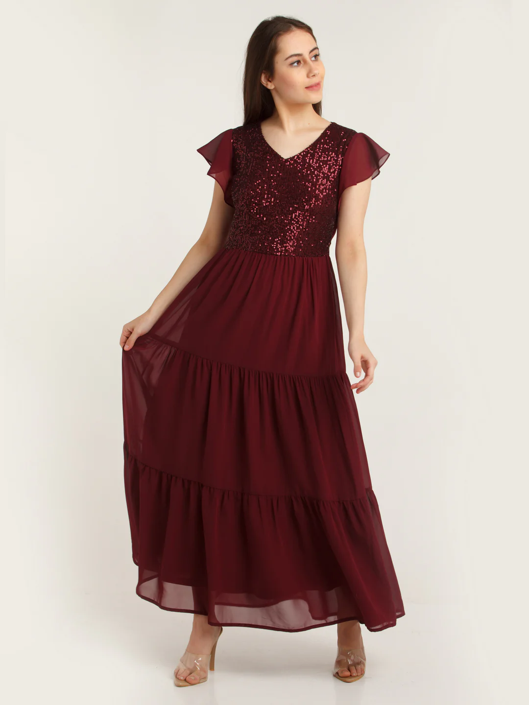 Maroon Embellished Tiered Maxi Dress - Image 5
