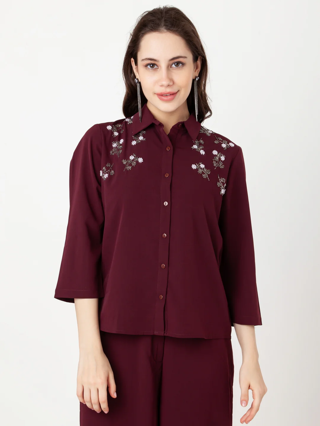 Maroon Embroidered Regular Shirt - Image 2