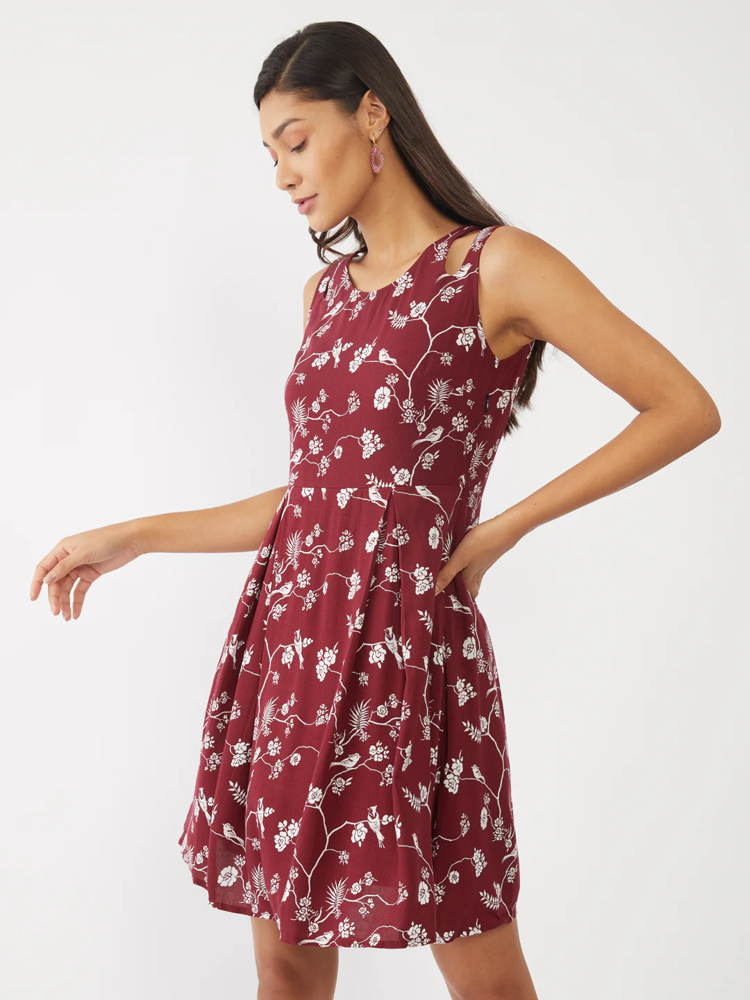 Maroon Floral Printed A-Line Short Dress - Image 3