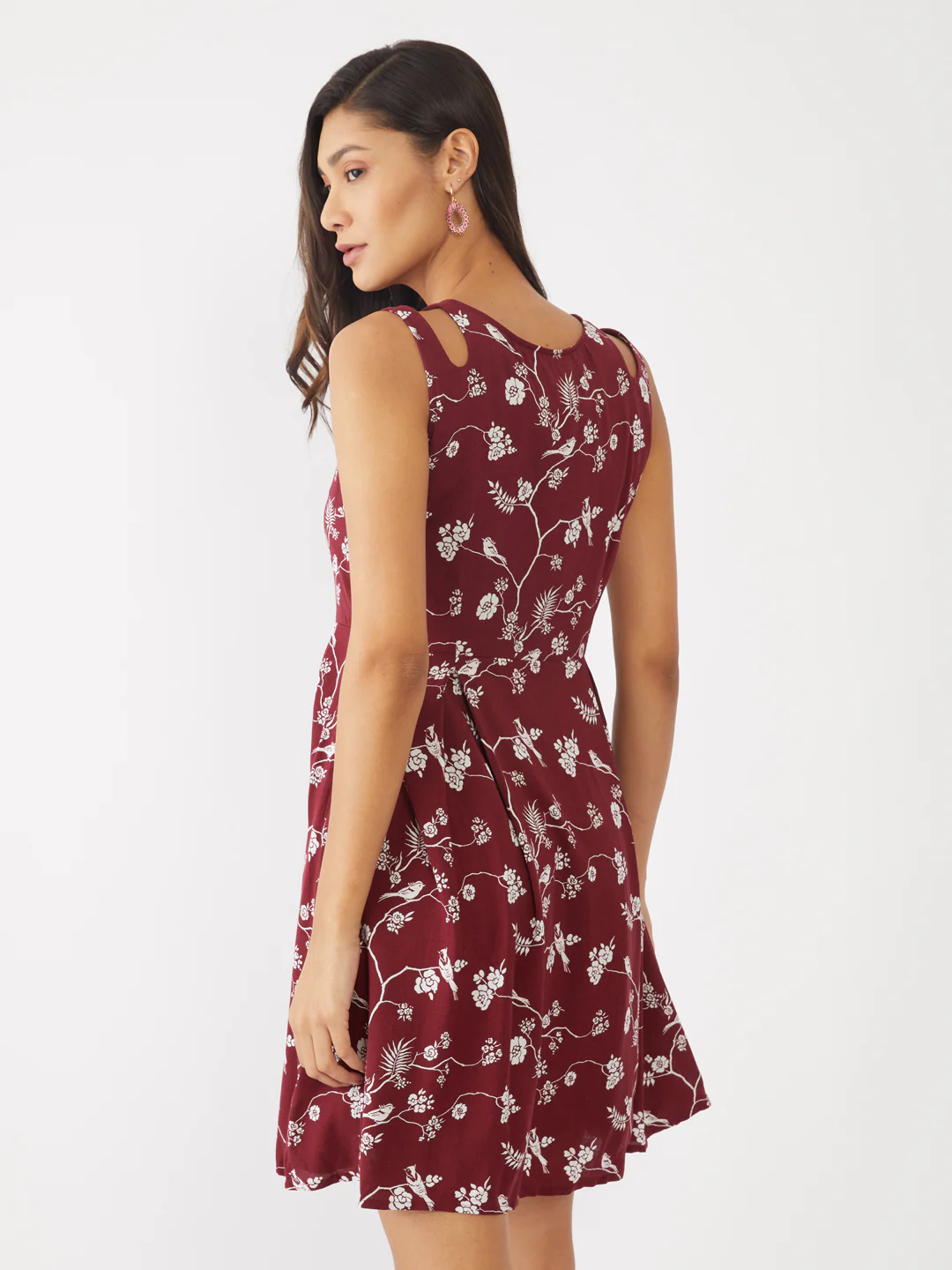 Maroon Floral Printed A-Line Short Dress - Image 4