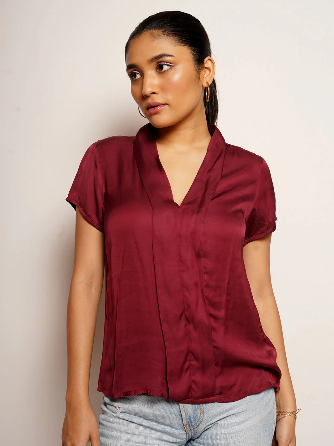 Women's Maroon Plain Basic Top